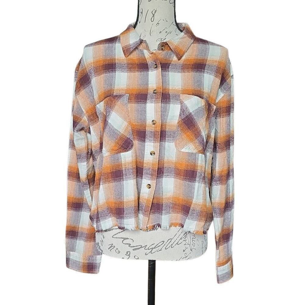 Thread & Supply Women's Sz Large Orange Burgundy Plaid Raw Hem Button Dn Flannel